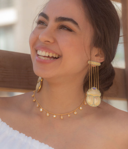 AMMANII Scarab Statement Drop Earrings in Vermeil Gold - AMMANII