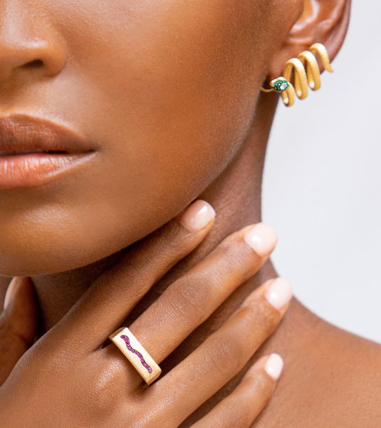 AMMANII Queen Hatshepsut Ring with Ruby Studded Snake in Vermeil Gold - AMMANII