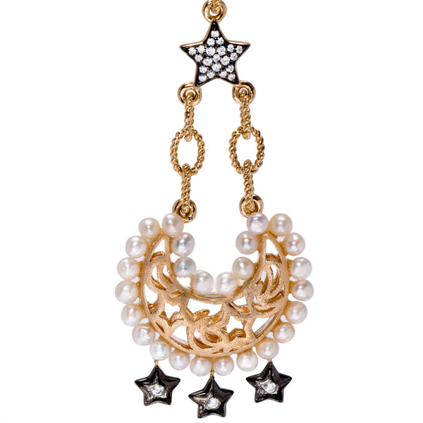 AMMANII Statement Drop Earrings with Pavé Star, Moon and  Freshwater Pearls in Vermeil Gold - AMMANII