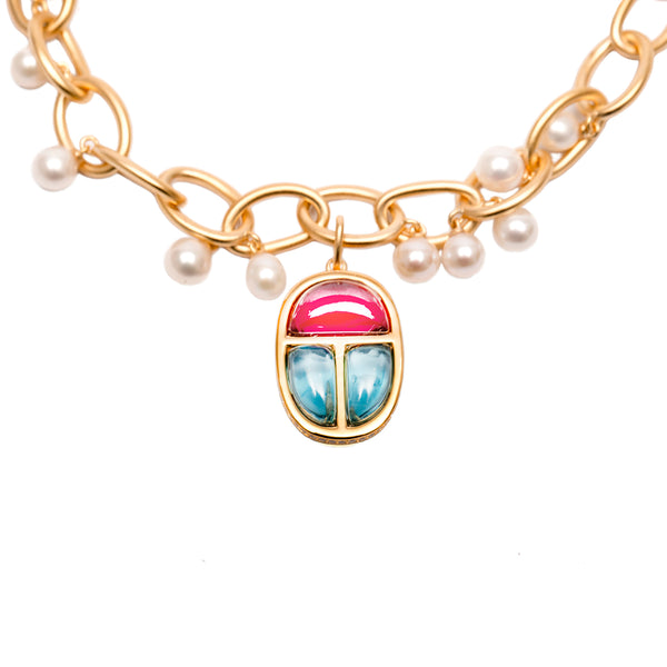 AMMANII Scarab Amulet Charm Link Bracelet with Freshwater Pearls in Vermeil Gold - AMMANII