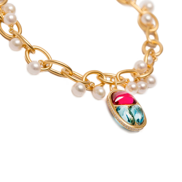 AMMANII Scarab Amulet Charm Link Bracelet with Freshwater Pearls in Vermeil Gold - AMMANII