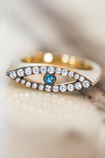 AMMANII Studded Evil Eye Ring with Blue Topaz Center in Vermeil Gold - AMMANII