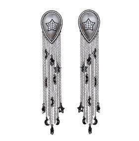AMMANII Pavé Stars and Moons Drop Earrings with Tassels and Charms in Rhodium - AMMANII