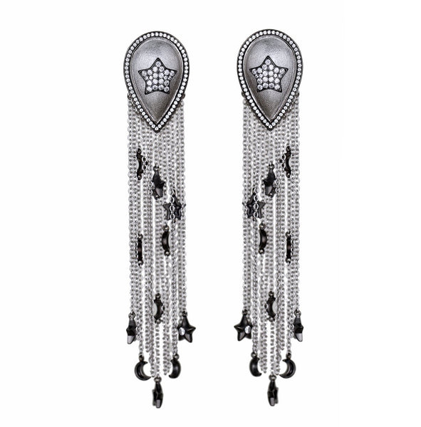AMMANII Pavé Stars and Moons Drop Earrings with Tassels and Charms in Rhodium - AMMANII