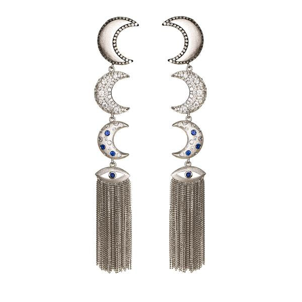AMMANII Linear Guardian Moon Earrings with Protective in White Rhodium - AMMANII