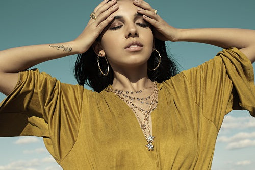 AMMANII Multi-Strand Moon and Stars Charm Pavé Necklace in Vermeil Gold and Black Ruthenium - AMMANII